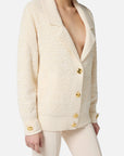 Elisabetta Franchi Cardigan in Ciniglia Bouclé con Bottoni Gioiello Latte