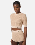 Elisabetta Franchi Top in Maglia Bouclé con Paillettes Miele