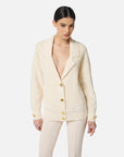Elisabetta Franchi Cardigan in Ciniglia Bouclé con Bottoni Gioiello Latte